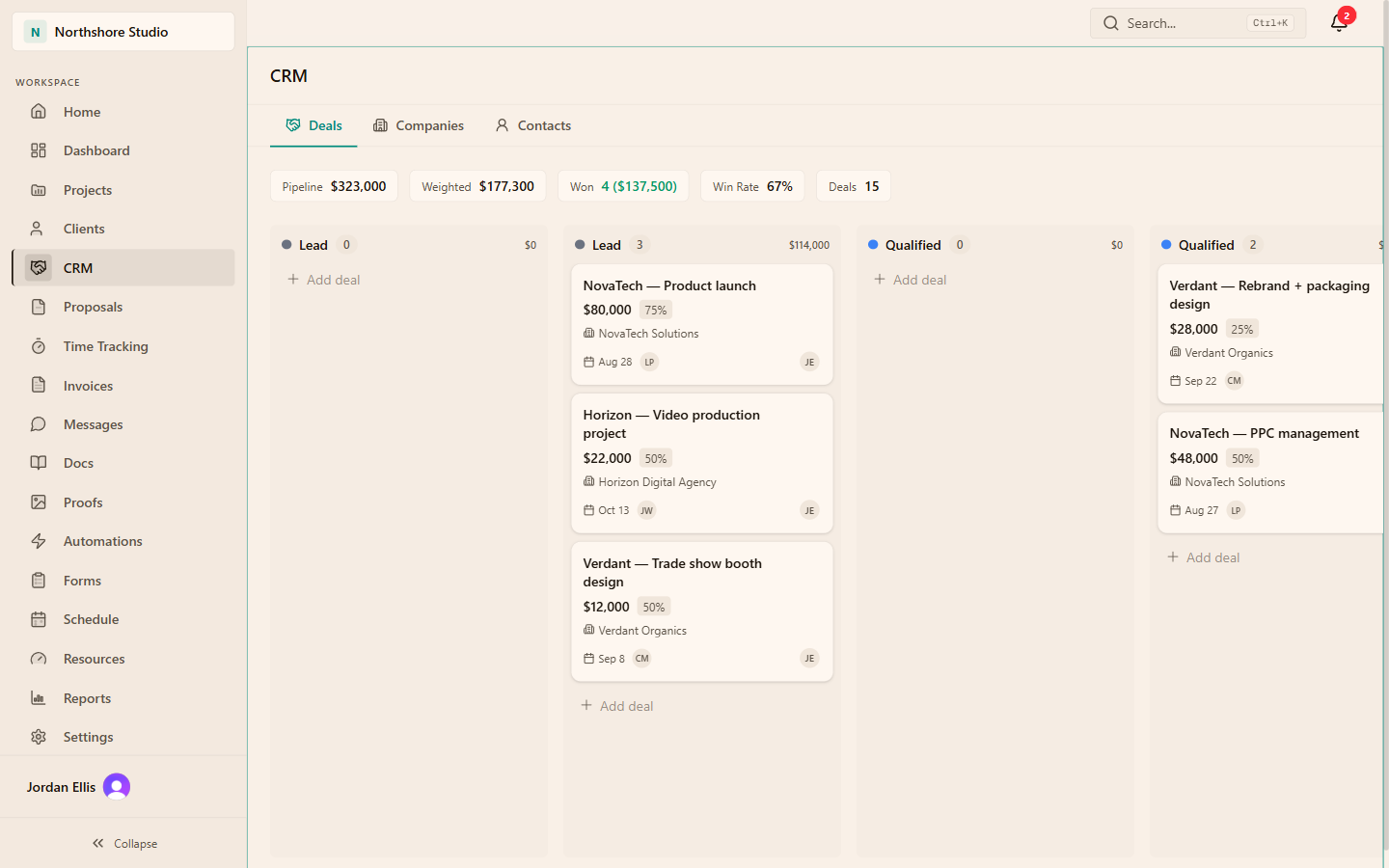 Actual Flowboard sample workspace showing the client relationship pipeline