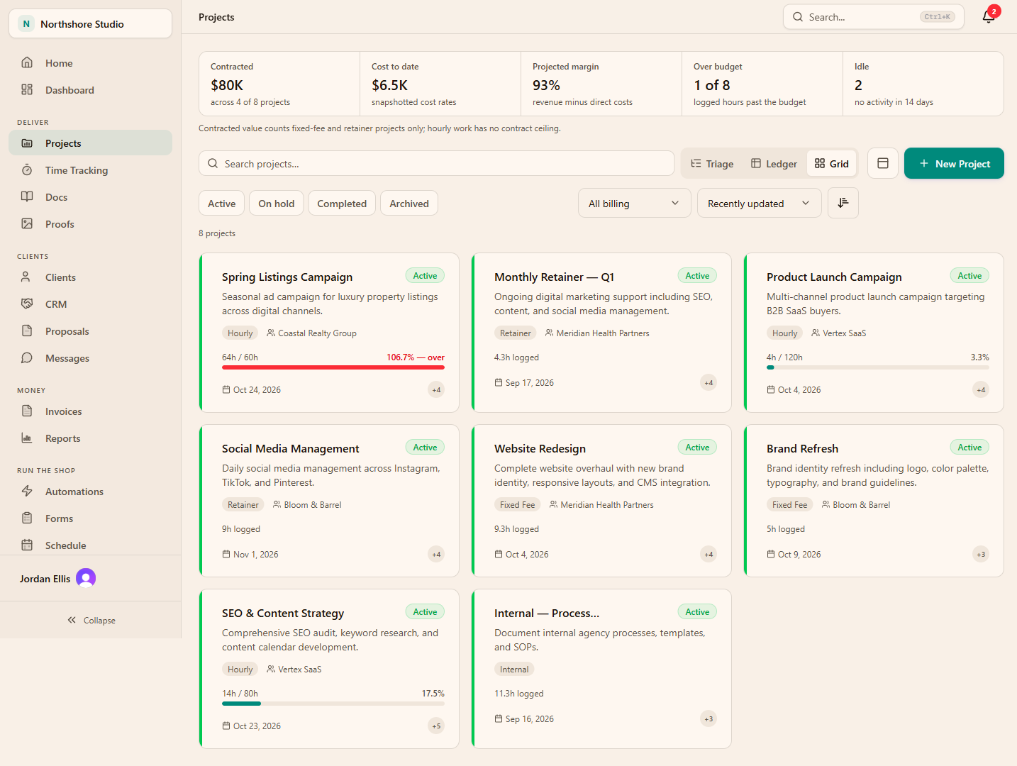 Actual Flowboard sample workspace showing active projects