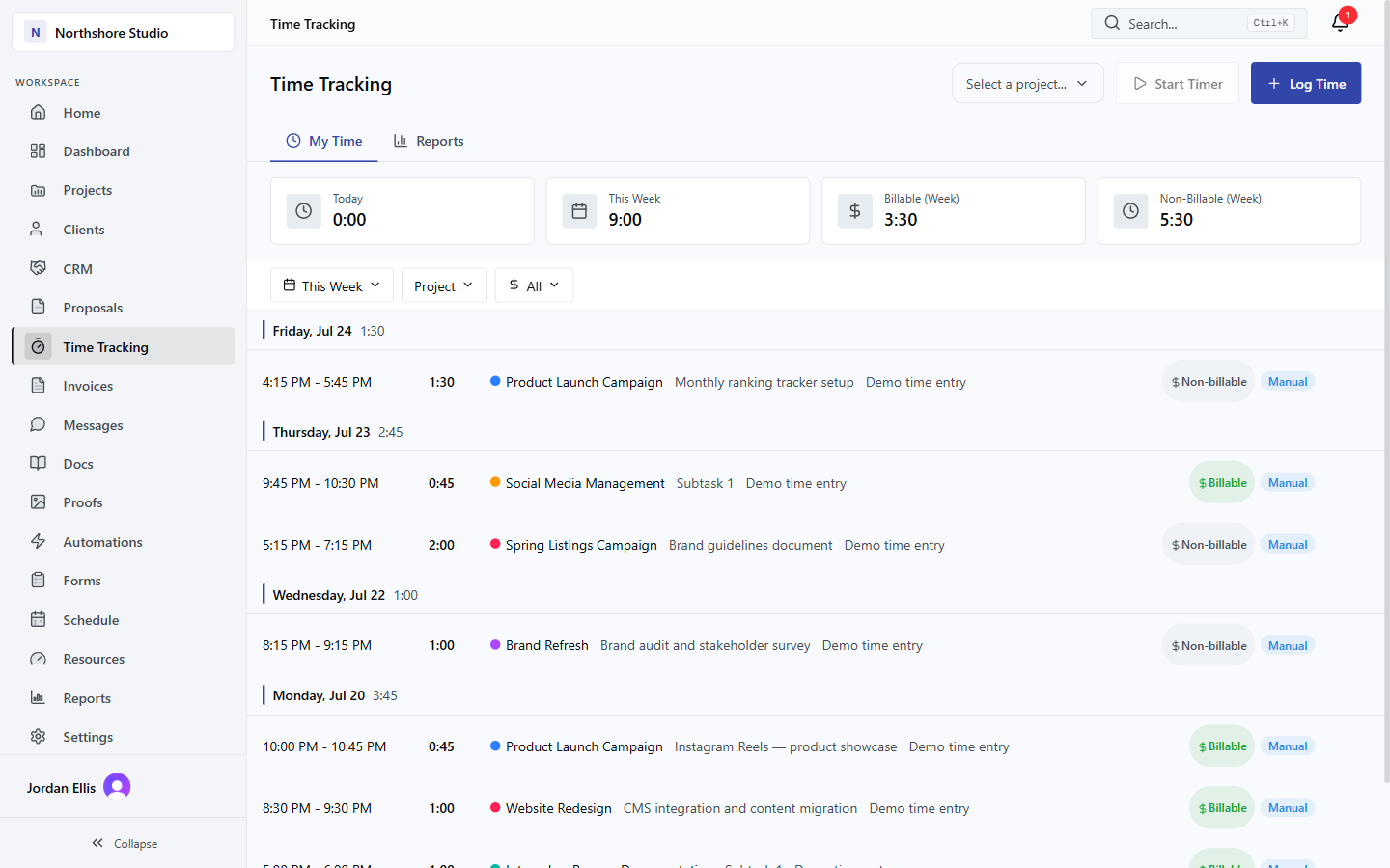 Flowboard sample workspace for connect tracked time to project billing