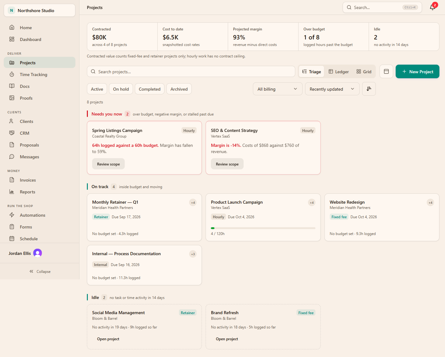 Actual Flowboard sample workspace showing work awaiting attention